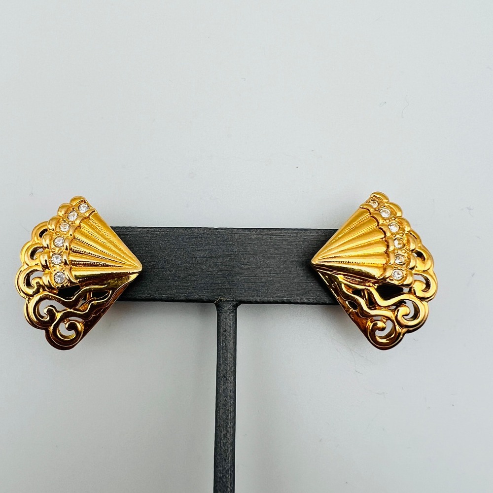 Vintage Gold Tone Fan Clip On Earrings Rhinestone Art Deco Style Scroll Design